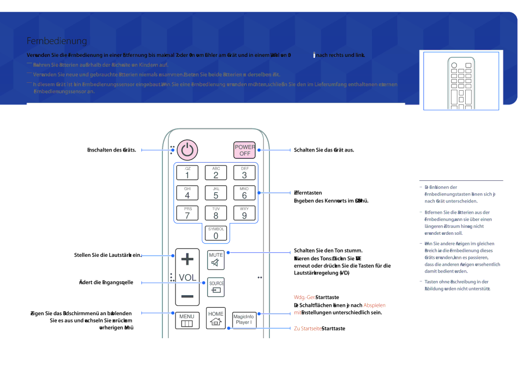 Samsung LH46UEDPLGC/EN, LH55UEDPLGC/EN manual Fernbedienung, Wdg.-Ger.-Starttaste, Zu Startseite-Starttaste 