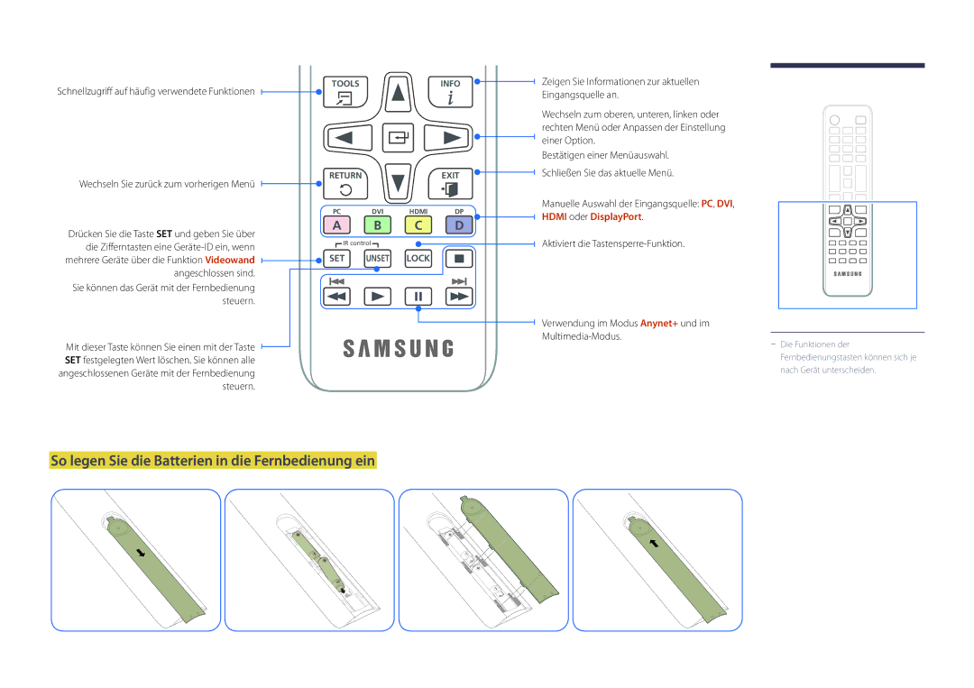 Samsung LH55UEDPLGC/EN So legen Sie die Batterien in die Fernbedienung ein, Manuelle Auswahl der Eingangsquelle PC, DVI 