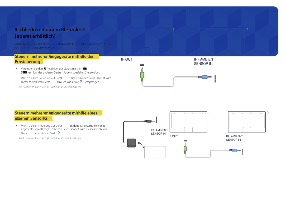 Samsung LH46UEDPLGC/EN, LH55UEDPLGC/EN Anschließen mit einem IR-Stereokabel Separat erhältlich, Gerät 1 als auch von Gerät 