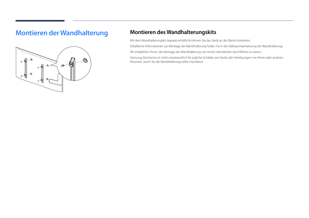 Samsung LH46UEDPLGC/EN, LH55UEDPLGC/EN manual Montieren der Wandhalterung, Montieren des Wandhalterungskits 