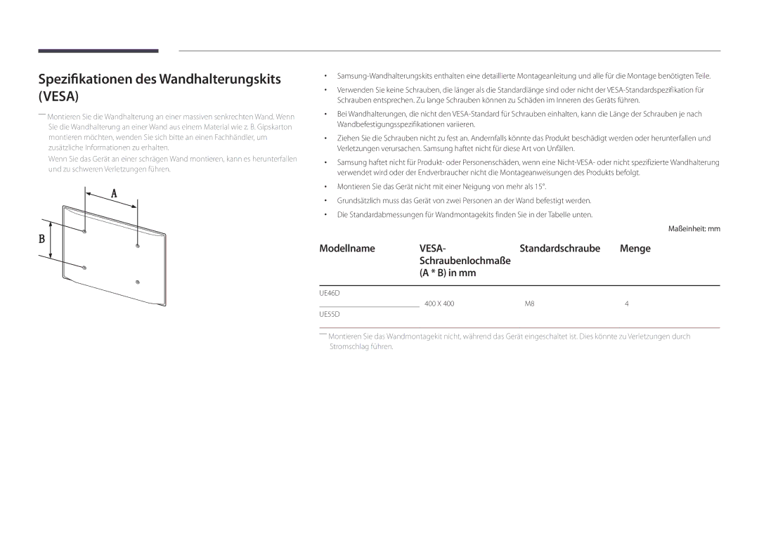 Samsung LH55UEDPLGC/EN, LH46UEDPLGC/EN manual Spezifikationen des Wandhalterungskits Vesa, Menge 