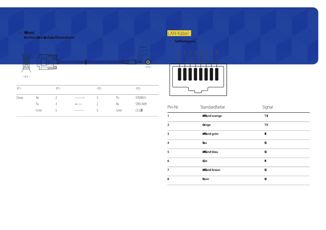 Samsung LH46UEDPLGC/EN LAN-Kabel, Pin-Nr Standardfarbe Signal, RS232C-Kabel Anschluss D-Sub 9-polig-auf-Stereo-Kabel, Dose 