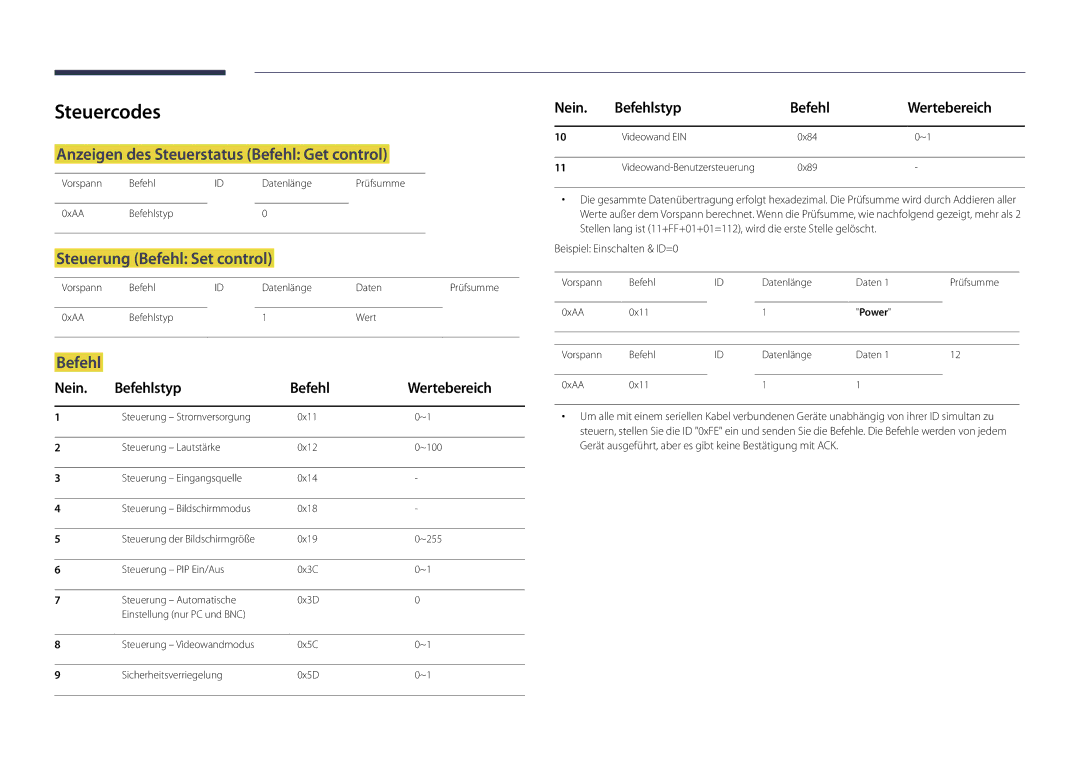 Samsung LH55UEDPLGC/EN manual Steuercodes, Anzeigen des Steuerstatus Befehl Get control, Steuerung Befehl Set control 