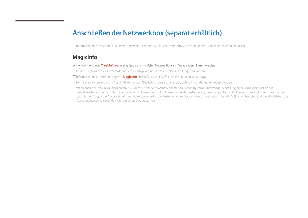 Samsung LH46UEDPLGC/EN, LH55UEDPLGC/EN manual Anschließen der Netzwerkbox separat erhältlich, MagicInfo 