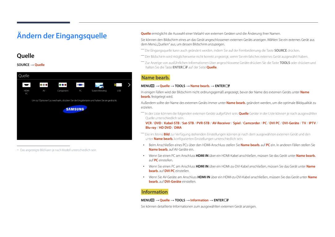 Samsung LH55UEDPLGC/EN, LH46UEDPLGC/EN manual Ändern der Eingangsquelle, Quelle, Name bearb, Information 