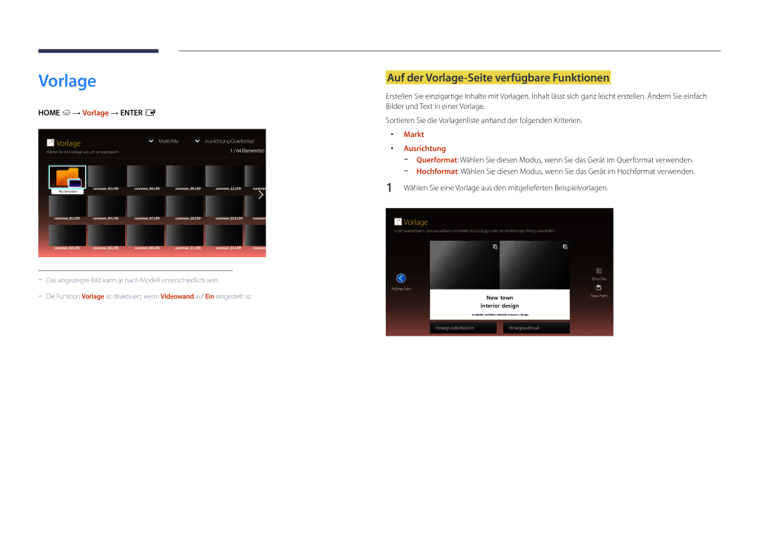 Samsung LH55UEDPLGC/EN manual Auf der Vorlage-Seite verfügbare Funktionen, Home → Vorlage → Enter E, Markt, Ausrichtung 