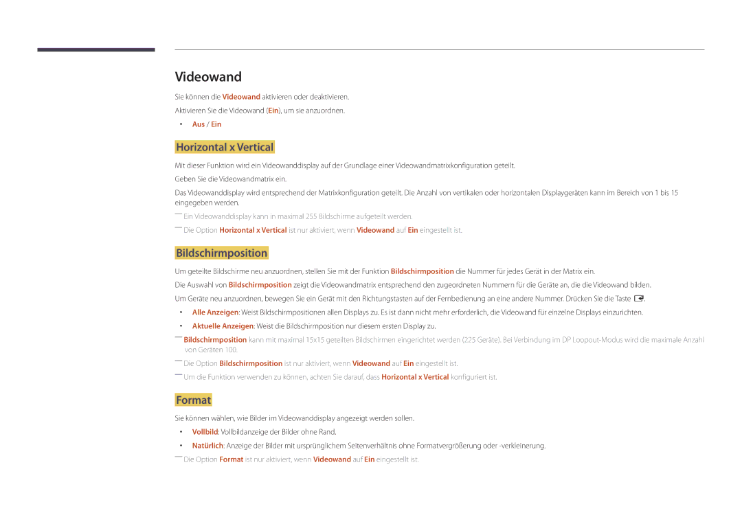 Samsung LH55UEDPLGC/EN, LH46UEDPLGC/EN manual Videowand, Horizontal x Vertical, Bildschirmposition, Format, Aus / Ein 