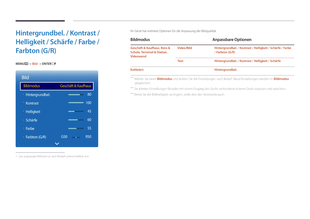 Samsung LH55UEDPLGC/EN, LH46UEDPLGC/EN manual Bildmodus Anpassbare Optionen, MENUm→ Bild → Entere, Video/Bild 