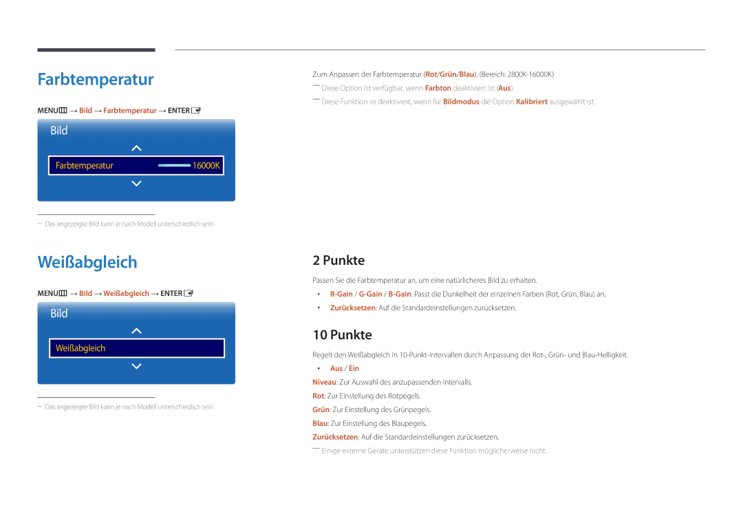 Samsung LH46UEDPLGC/EN, LH55UEDPLGC/EN manual Weißabgleich, Punkte, MENUm → Bild → Farbtemperatur → Entere 