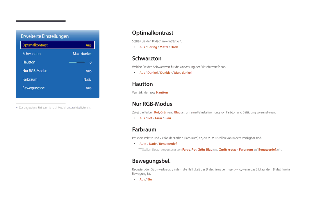 Samsung LH55UEDPLGC/EN, LH46UEDPLGC/EN manual Optimalkontrast, Schwarzton, Hautton, Nur RGB-Modus, Farbraum, Bewegungsbel 