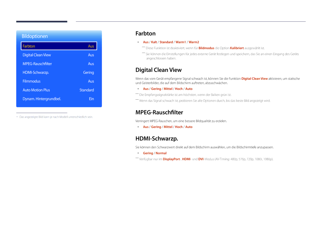 Samsung LH46UEDPLGC/EN, LH55UEDPLGC/EN manual Farbton, Digital Clean View, MPEG-Rauschfilter, HDMI-Schwarzp 