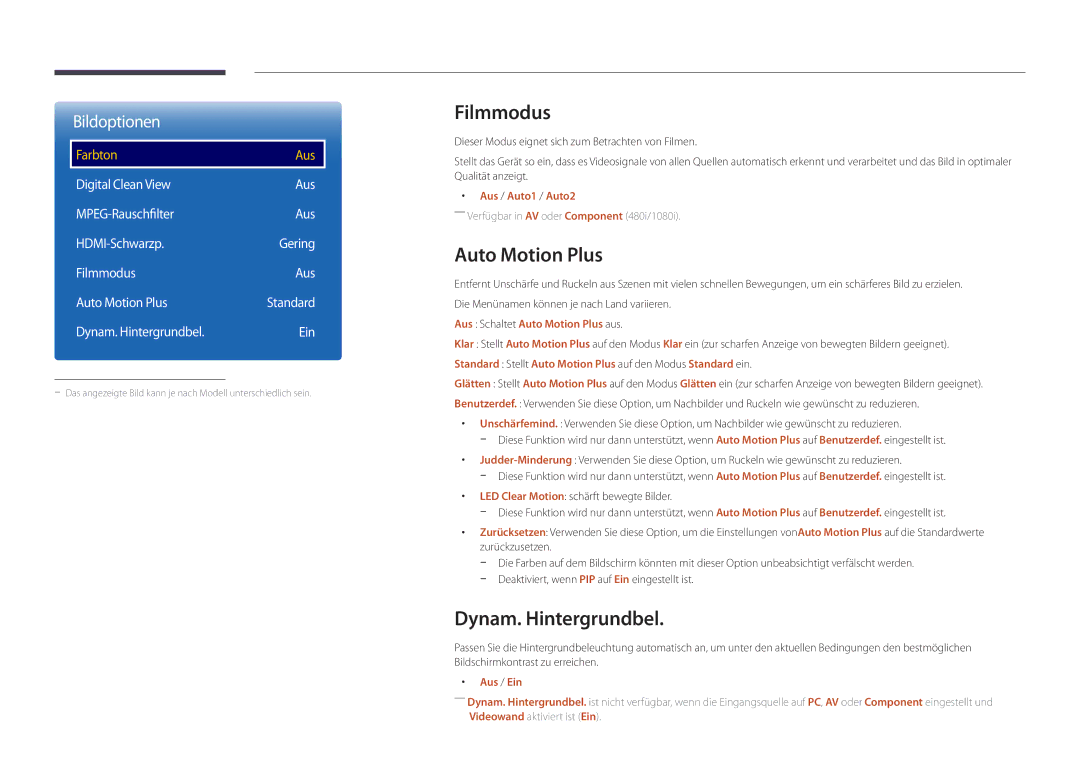 Samsung LH55UEDPLGC/EN, LH46UEDPLGC/EN manual Filmmodus, Auto Motion Plus, Dynam. Hintergrundbel 