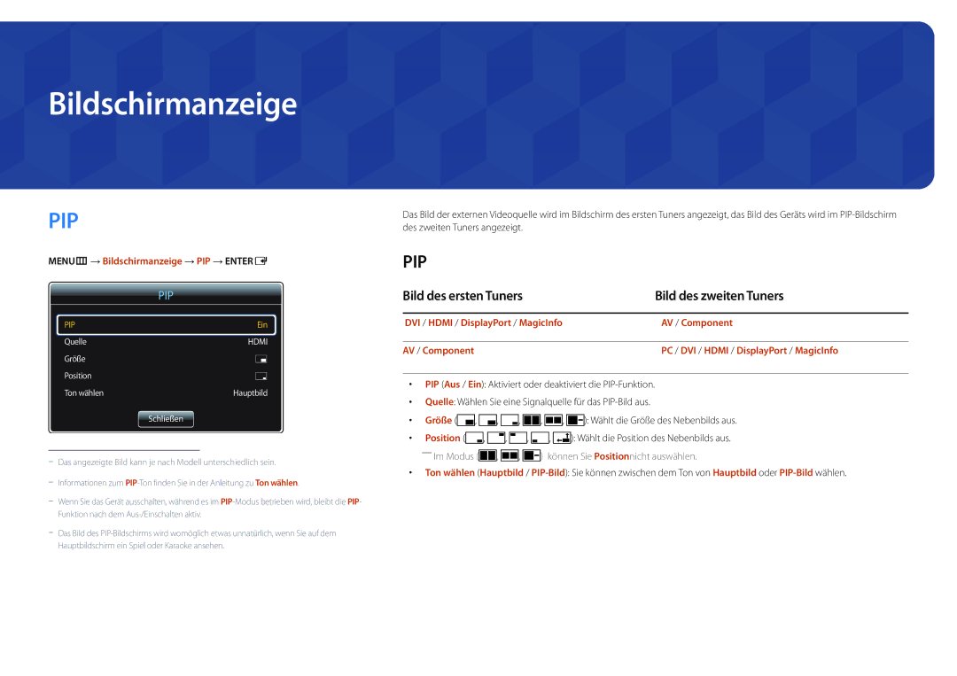 Samsung LH55UEDPLGC/EN, LH46UEDPLGC/EN manual Bildschirmanzeige, Bild des ersten Tuners Bild des zweiten Tuners 