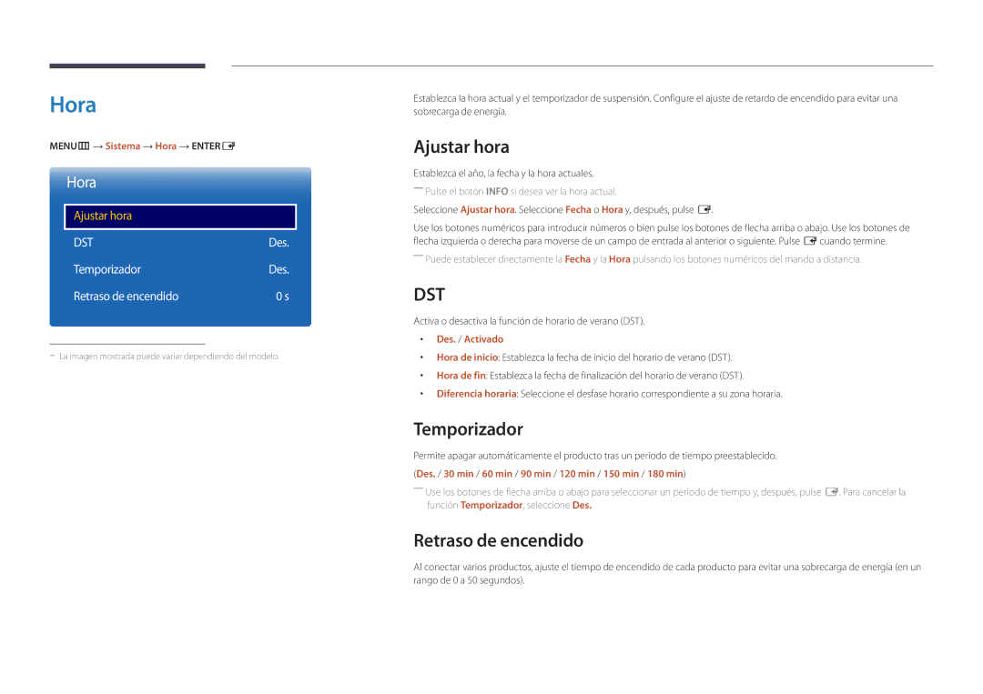 Samsung LH46UEDPLGC/EN, LH55UEDPLGC/EN manual Hora, Ajustar hora, Temporizador, Retraso de encendido 