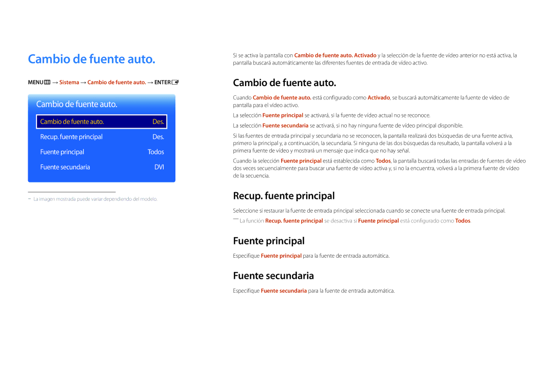 Samsung LH55UEDPLGC/EN, LH46UEDPLGC/EN Cambio de fuente auto, Recup. fuente principal, Fuente principal, Fuente secundaria 