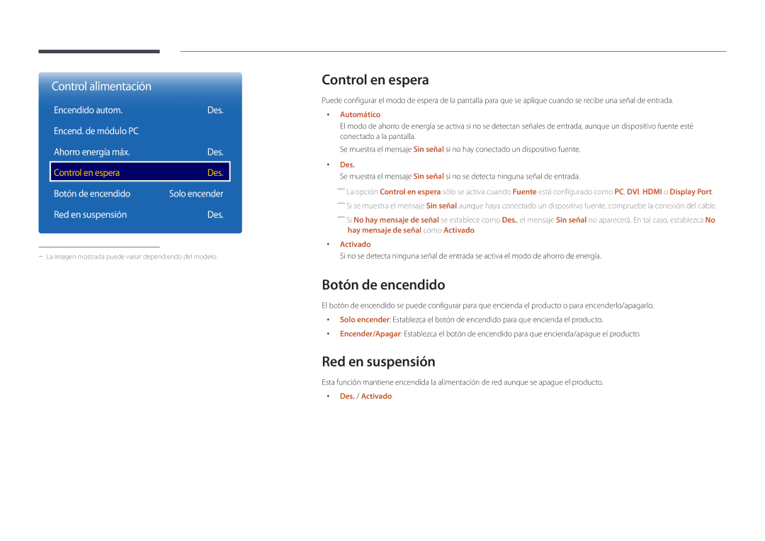 Samsung LH55UEDPLGC/EN, LH46UEDPLGC/EN manual Control en espera, Botón de encendido, Red en suspensión 