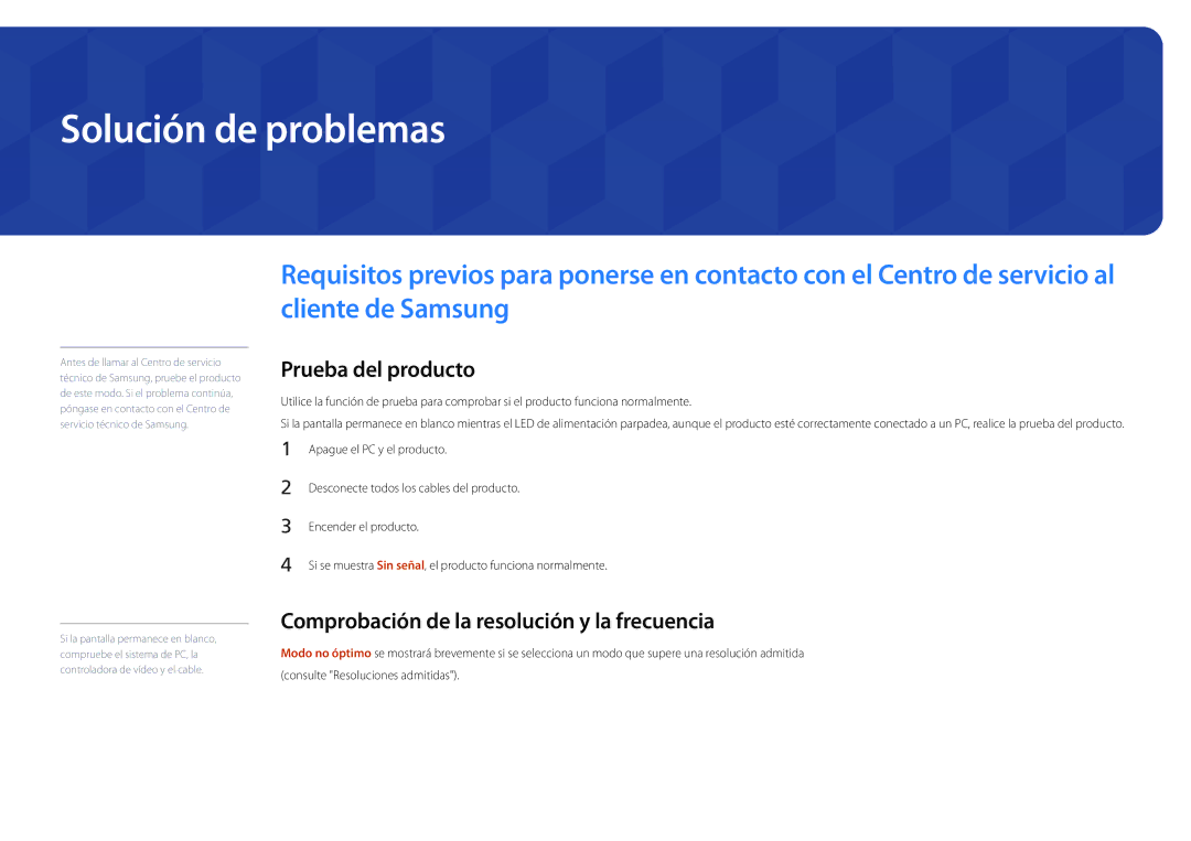 Samsung LH55UEDPLGC/EN manual Solución de problemas, Prueba del producto, Comprobación de la resolución y la frecuencia 