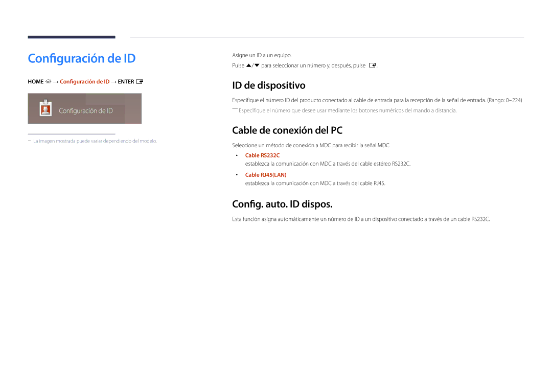 Samsung LH55UEDPLGC/EN manual Configuración de ID, ID de dispositivo, Cable de conexión del PC, Config. auto. ID dispos 