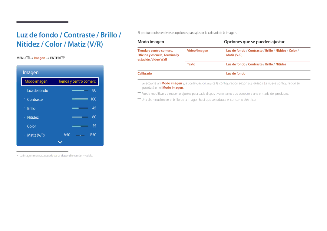 Samsung LH55UEDPLGC/EN, LH46UEDPLGC/EN manual Modo imagen Opciones que se pueden ajustar, MENUm→ Imagen → Entere 