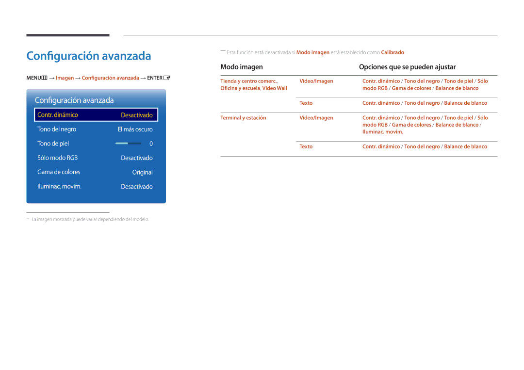 Samsung LH46UEDPLGC/EN, LH55UEDPLGC/EN manual Configuración avanzada, Tono del negro, Tono de piel Sólo modo RGB 