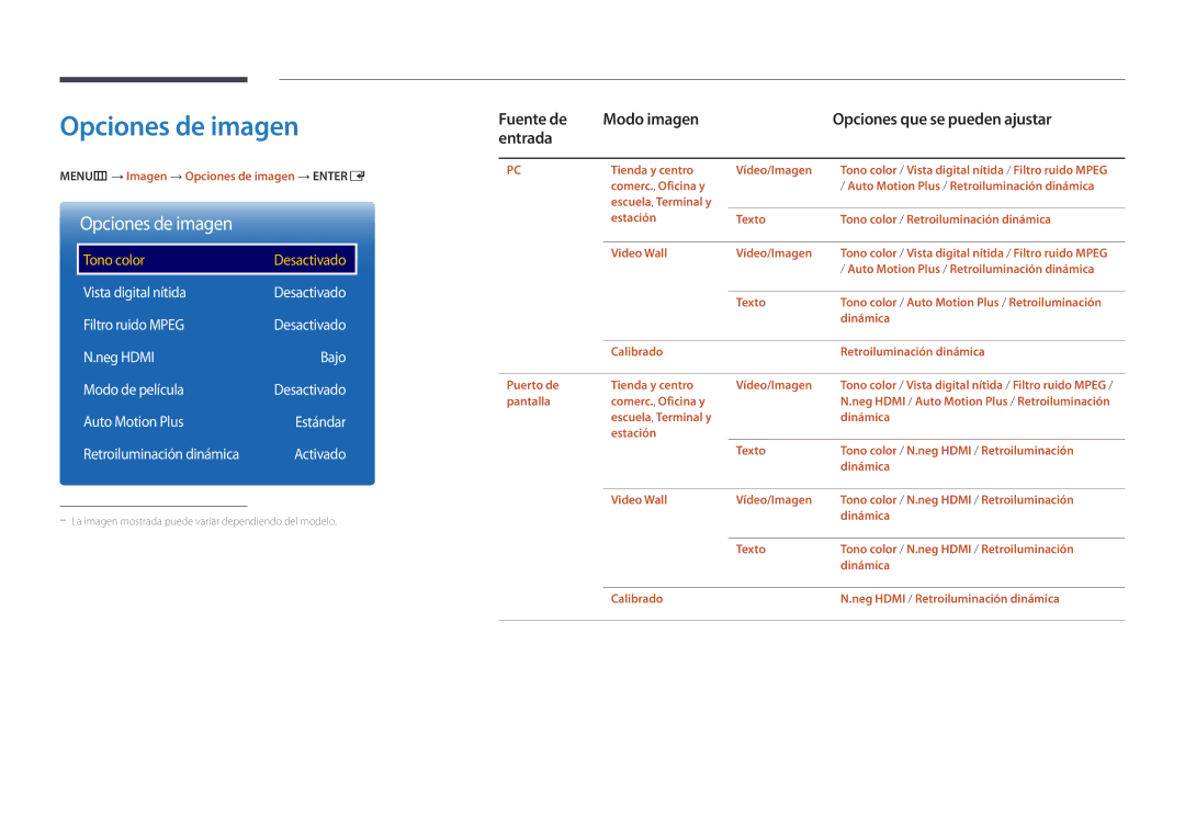 Samsung LH46UEDPLGC/EN, LH55UEDPLGC/EN manual Opciones de imagen, Fuente de Modo imagen, Entrada 