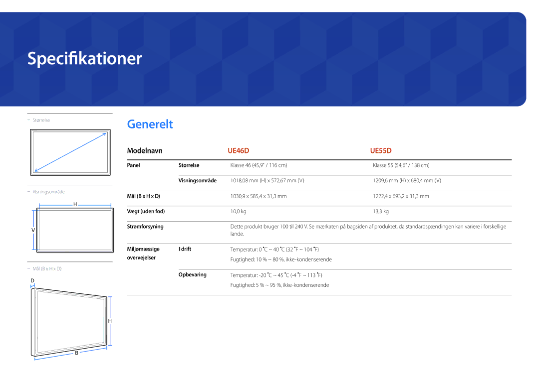 Samsung LH55UEDPLGC/EN, LH46UEDPLGC/EN manual Specifikationer, Generelt 