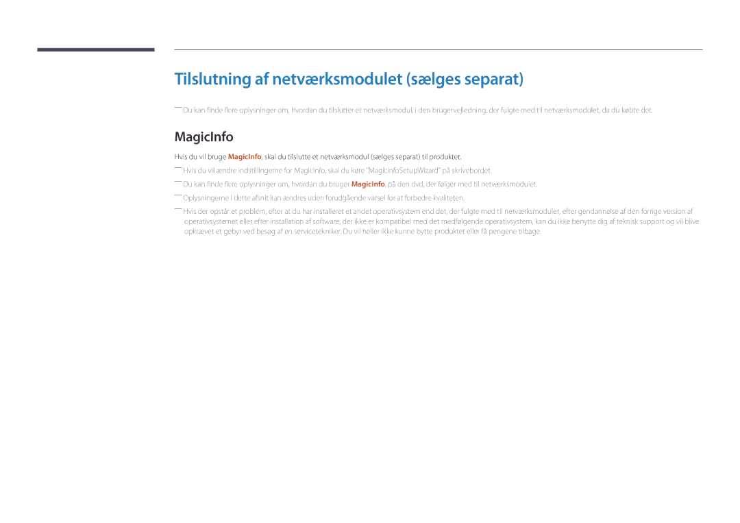 Samsung LH46UEDPLGC/EN, LH55UEDPLGC/EN manual Tilslutning af netværksmodulet sælges separat, MagicInfo 
