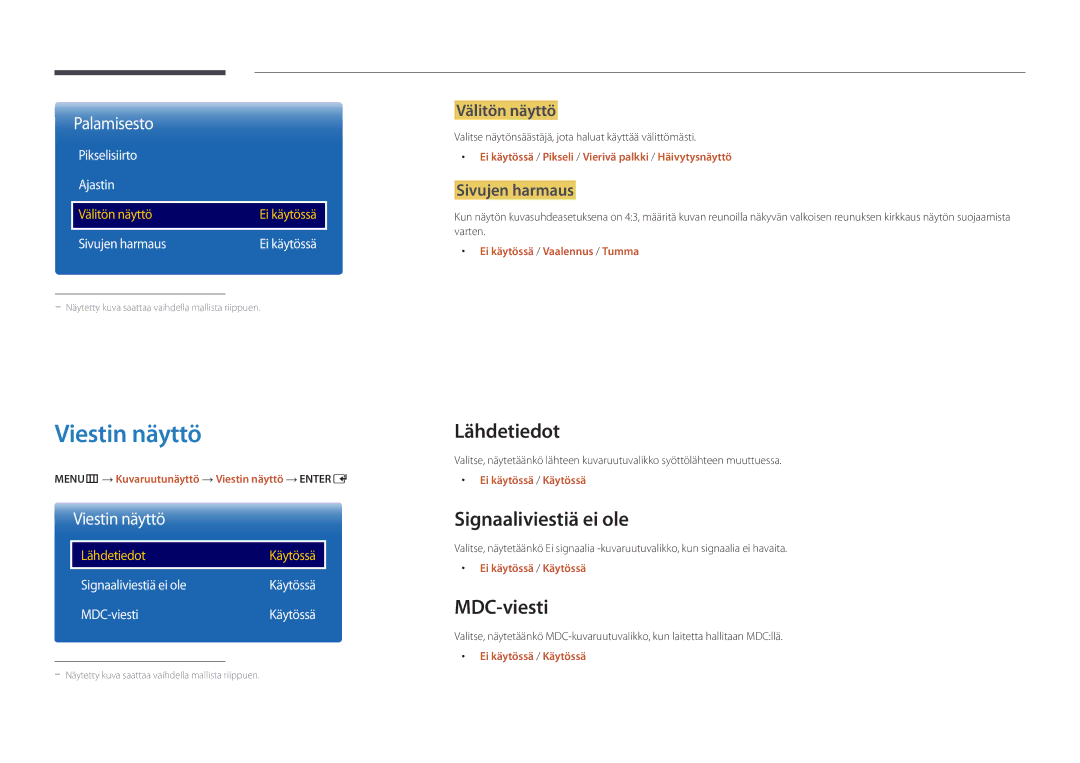 Samsung LH55UEDPLGC/EN, LH46UEDPLGC/EN manual Viestin näyttö, Lähdetiedot, Signaaliviestiä ei ole, MDC-viesti 