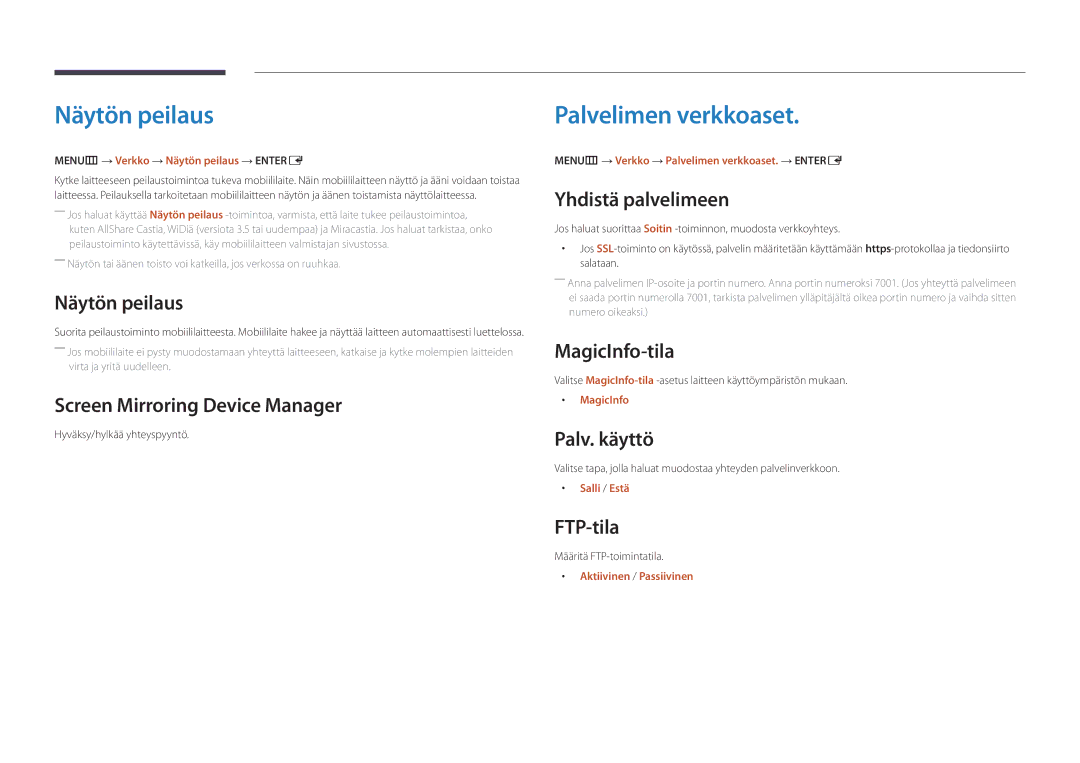 Samsung LH46UEDPLGC/EN, LH55UEDPLGC/EN manual Näytön peilaus, Palvelimen verkkoaset 