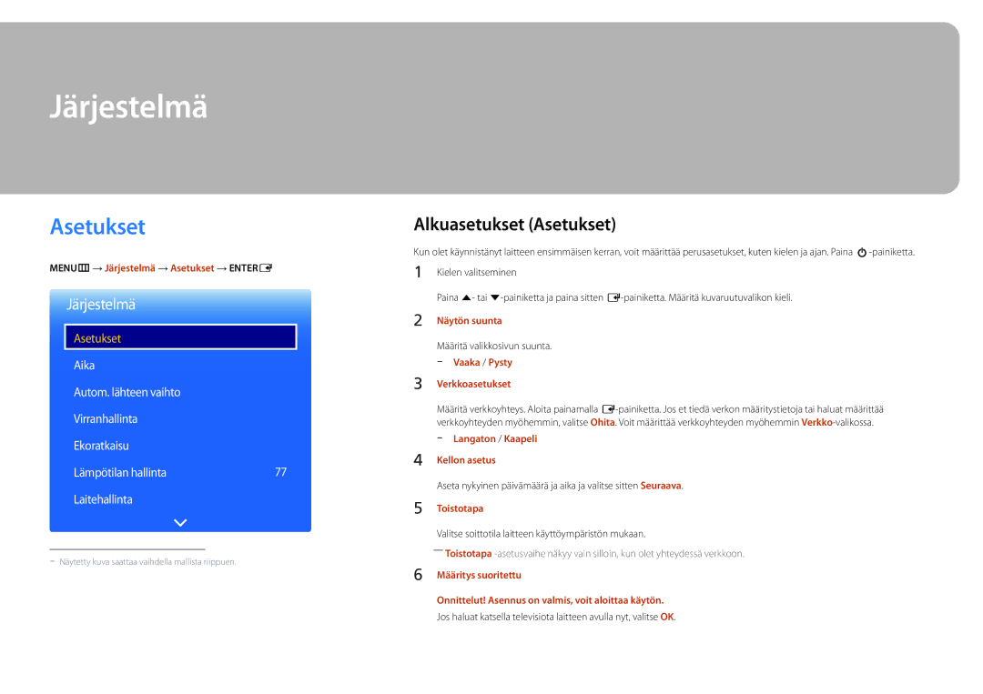 Samsung LH46UEDPLGC/EN, LH55UEDPLGC/EN manual Järjestelmä, Alkuasetukset Asetukset 