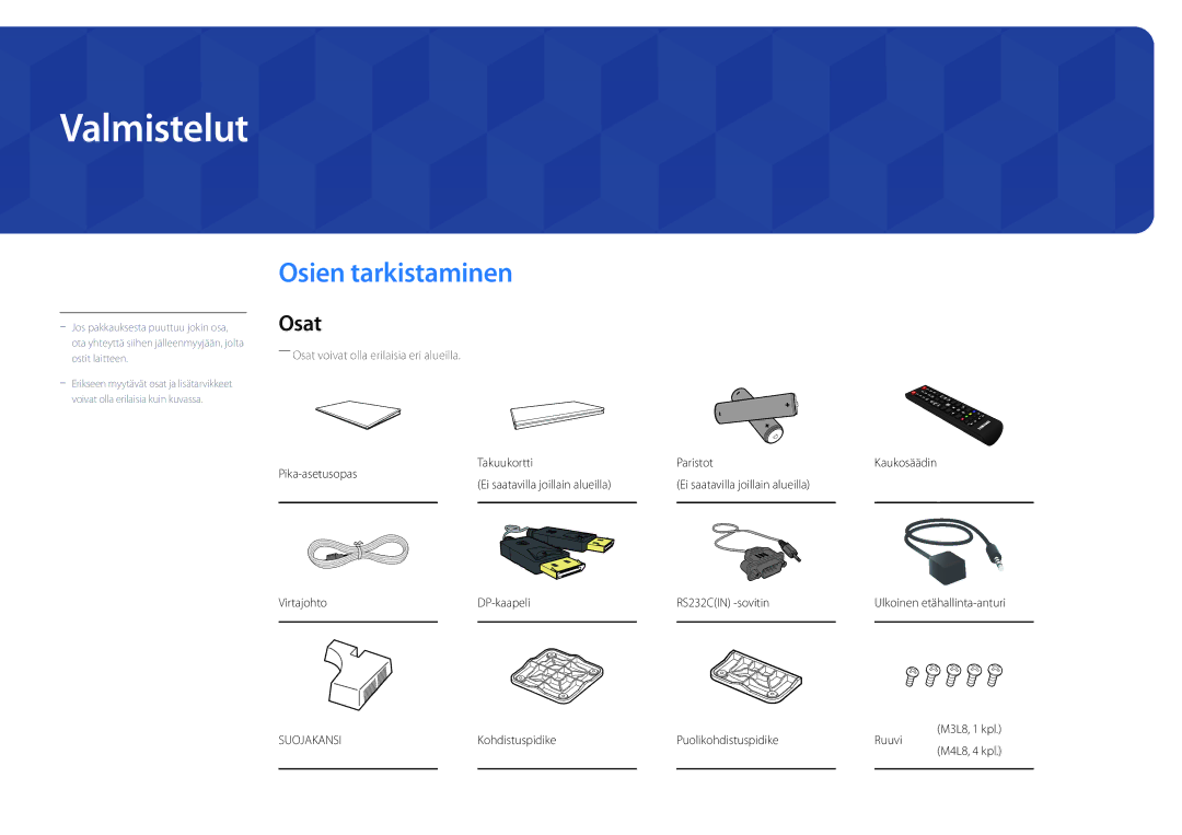 Samsung LH46UEDPLGC/EN, LH55UEDPLGC/EN manual Valmistelut, Osien tarkistaminen, Osat, Takuukortti Paristot 