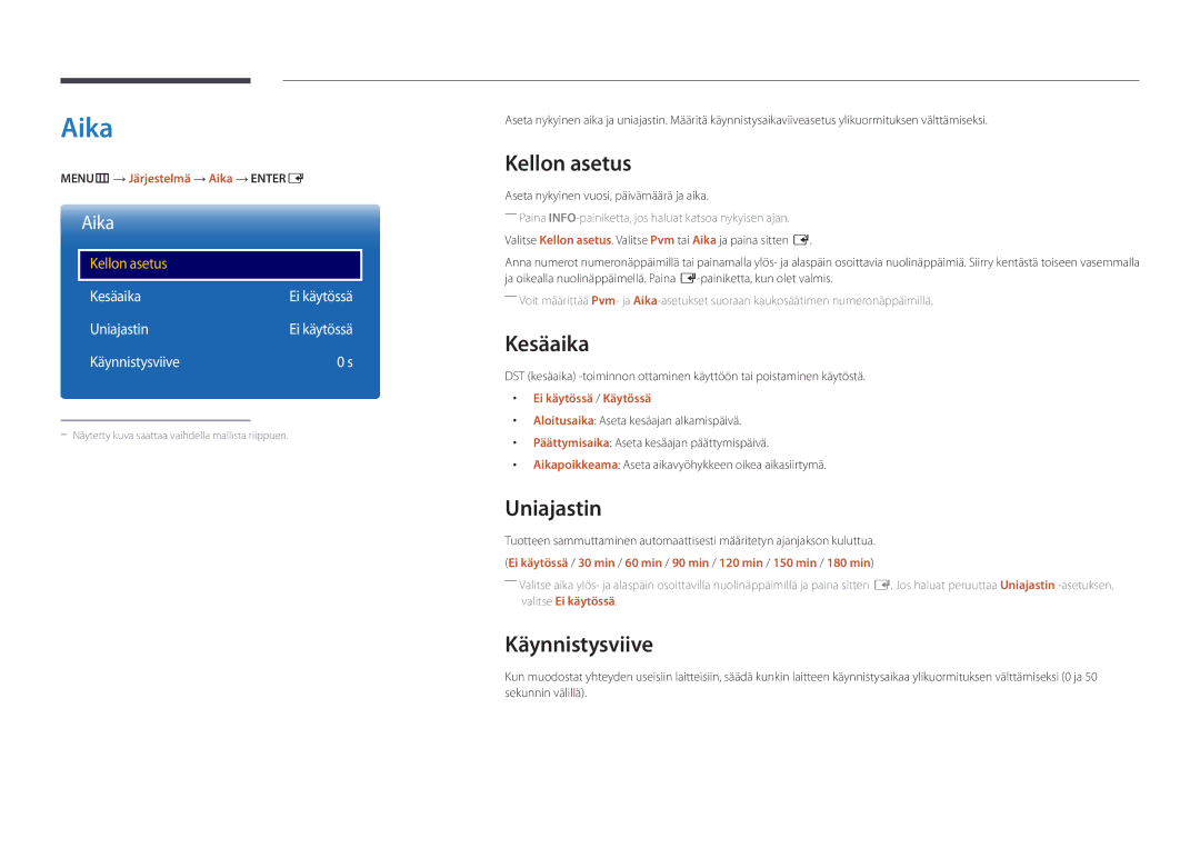 Samsung LH46UEDPLGC/EN, LH55UEDPLGC/EN manual Aika, Kellon asetus, Kesäaika, Uniajastin, Käynnistysviive 