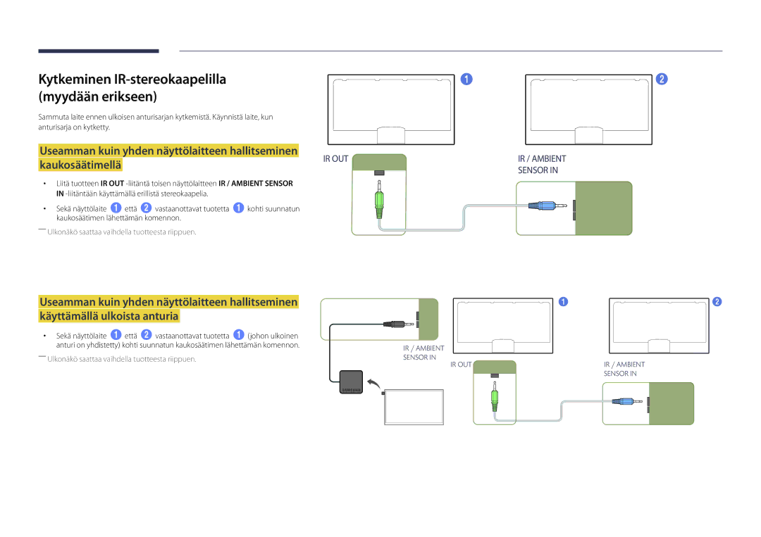 Samsung LH46UEDPLGC/EN, LH55UEDPLGC/EN manual Kytkeminen IR-stereokaapelilla Myydään erikseen, Sensor 