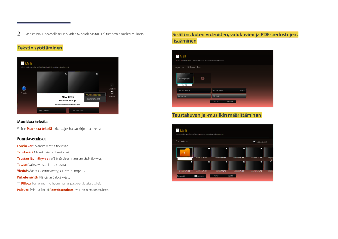 Samsung LH46UEDPLGC/EN, LH55UEDPLGC/EN manual Tekstin syöttäminen, Taustakuvan ja -musiikin määrittäminen 