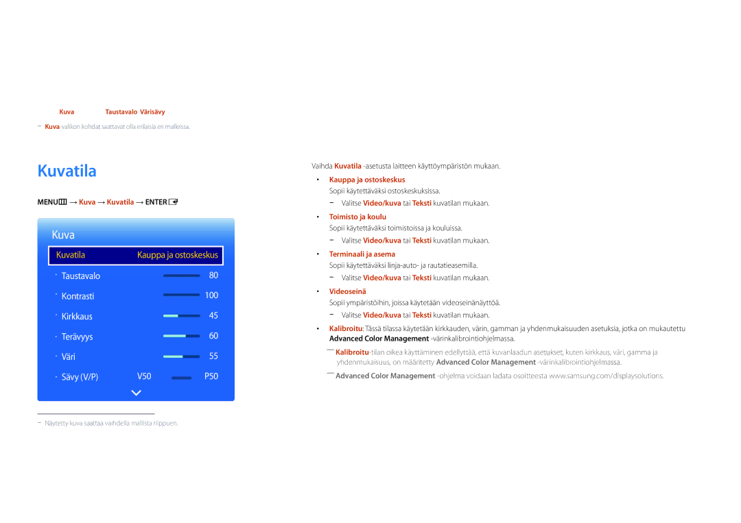 Samsung LH46UEDPLGC/EN, LH55UEDPLGC/EN manual Näytön säätö, MENUm → Kuva → Kuvatila → Entere 