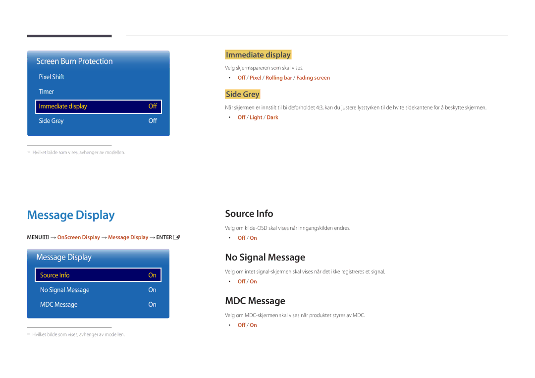 Samsung LH55UEDPLGC/EN, LH46UEDPLGC/EN manual Message Display, Source Info, No Signal Message, MDC Message 