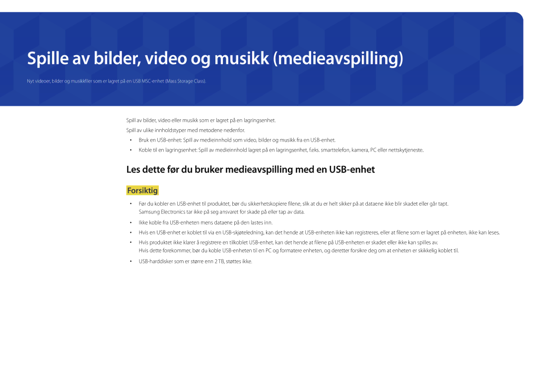 Samsung LH55UEDPLGC/EN, LH46UEDPLGC/EN manual Spille av bilder, video og musikk medieavspilling 