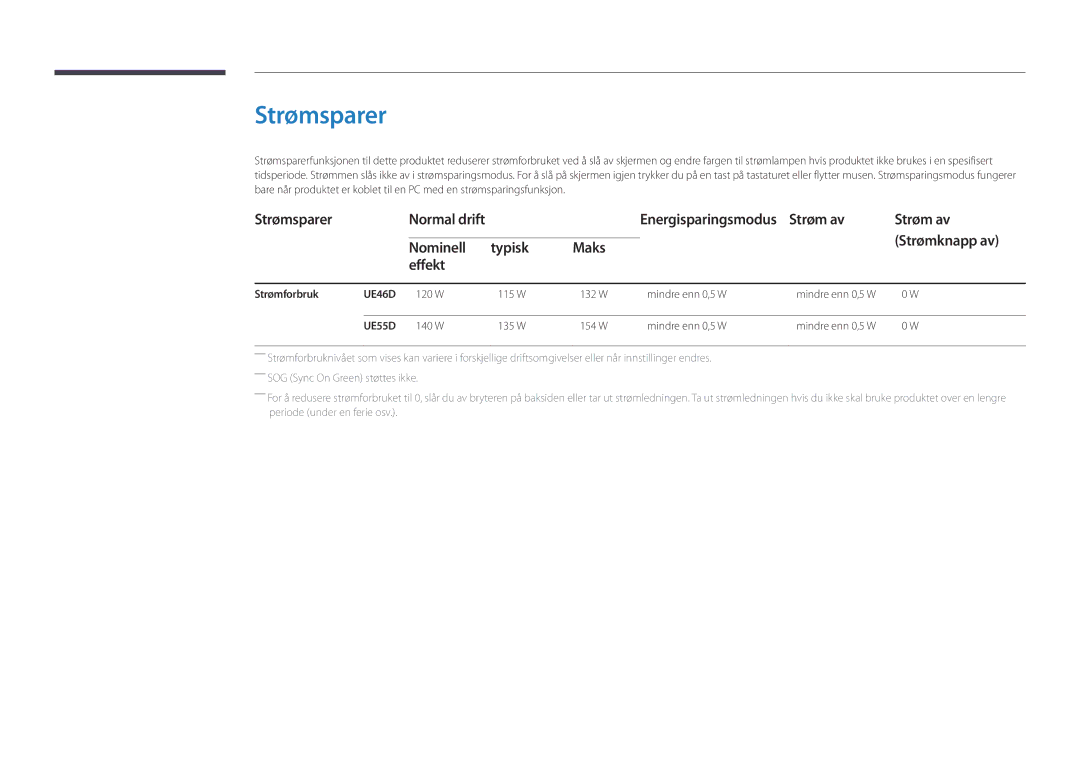 Samsung LH55UEDPLGC/EN, LH46UEDPLGC/EN manual Strømsparer, Strøm av Strømknapp av Nominell Typisk Maks Effekt, Strømforbruk 