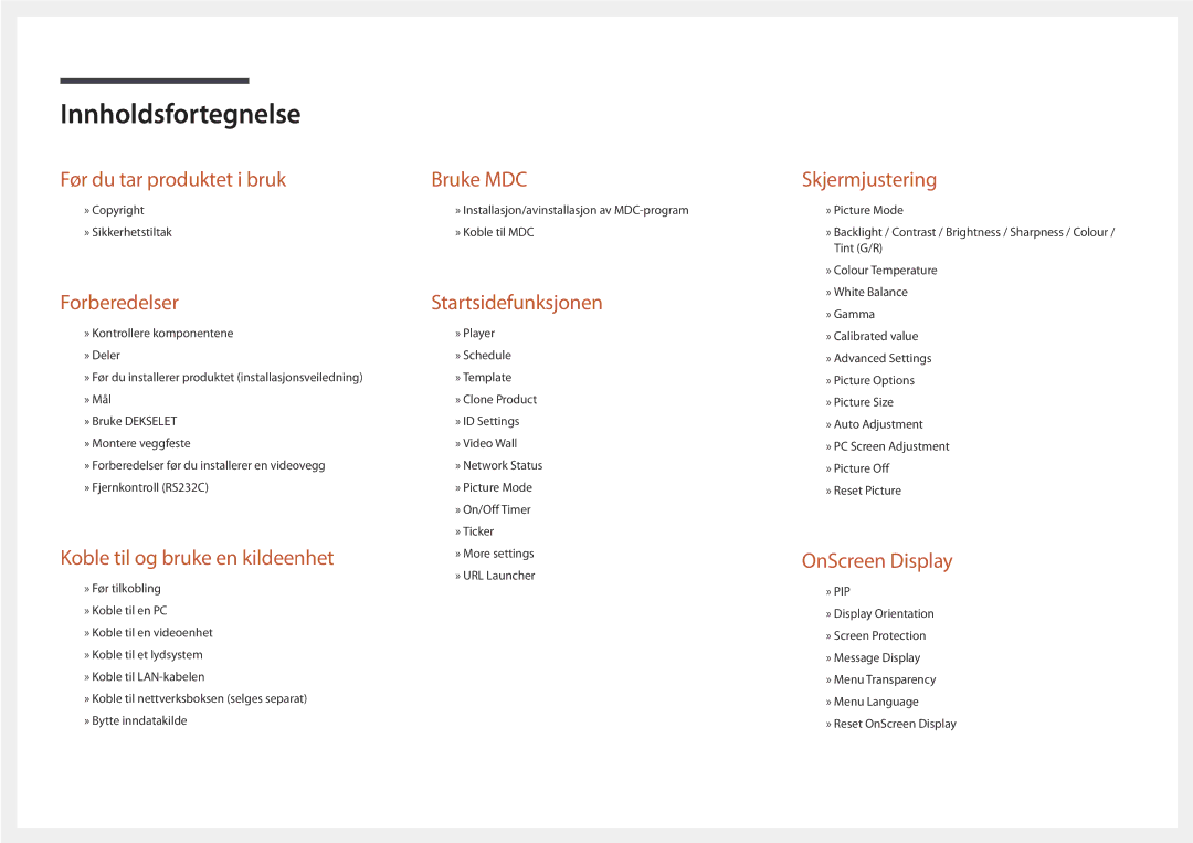 Samsung LH46UEDPLGC/EN, LH55UEDPLGC/EN manual Innholdsfortegnelse 