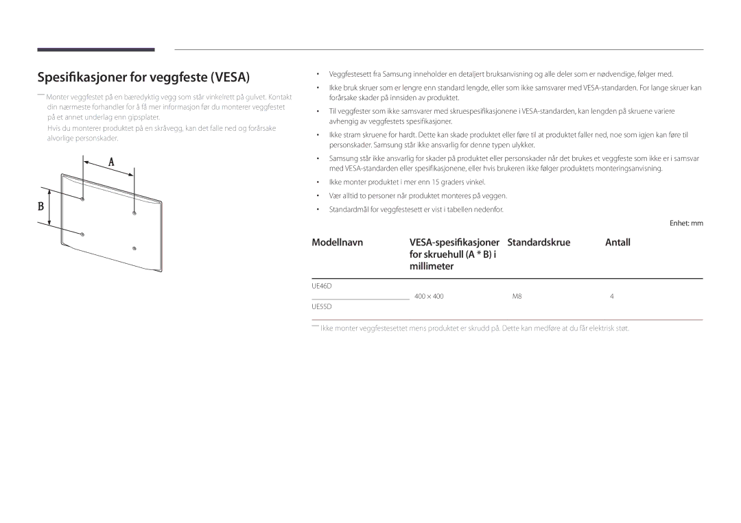 Samsung LH55UEDPLGC/EN, LH46UEDPLGC/EN manual Spesifikasjoner for veggfeste Vesa, Standardskrue Antall, Millimeter 