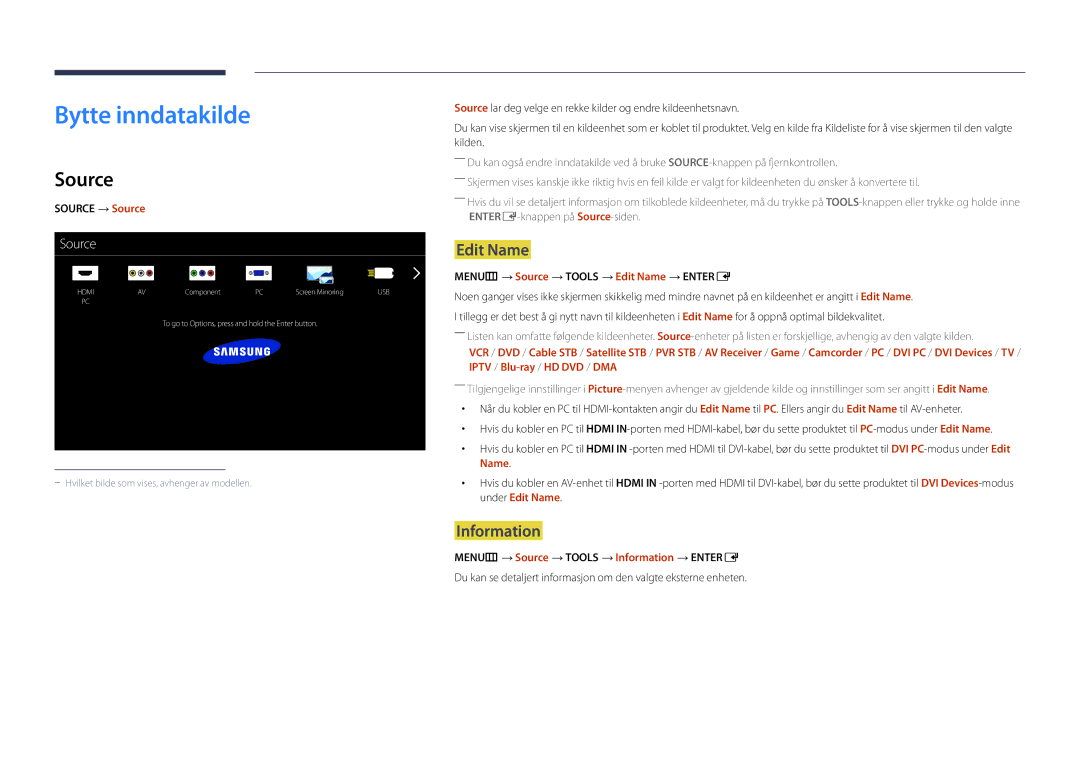 Samsung LH55UEDPLGC/EN, LH46UEDPLGC/EN manual Bytte inndatakilde, Source, Edit Name, Information 