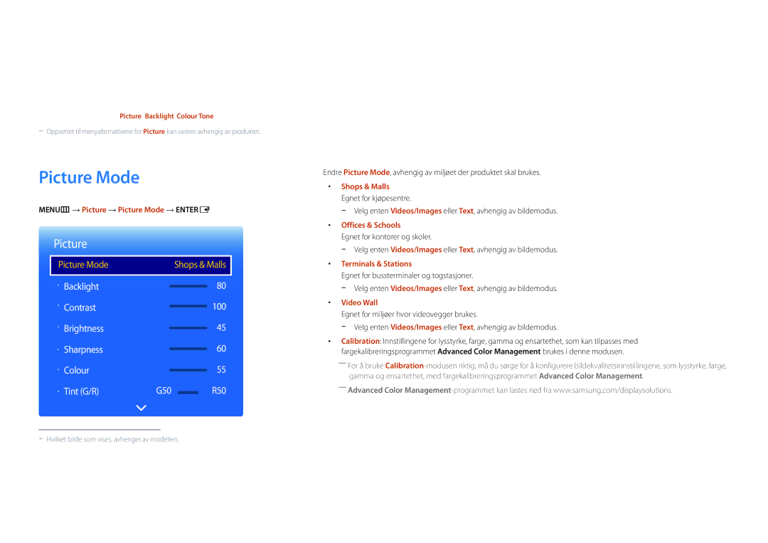 Samsung LH46UEDPLGC/EN, LH55UEDPLGC/EN manual Skjermjustering, MENUm → Picture → Picture Mode → Entere 