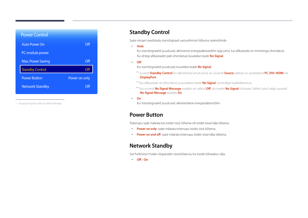 Samsung LH55UEDPLGC/EN Standby Control, Power Button, Network Standby, Auto Power On Off PC module power Max. Power Saving 