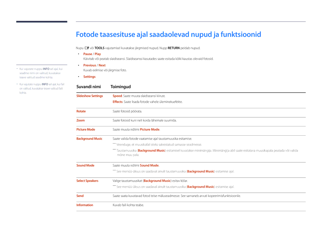 Samsung LH55UEDPLGC/EN, LH46UEDPLGC/EN manual Fotode taasesituse ajal saadaolevad nupud ja funktsioonid 