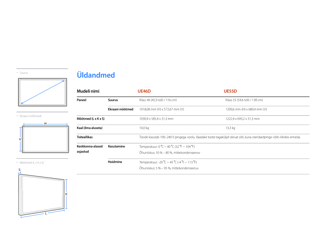 Samsung LH46UEDPLGC/EN, LH55UEDPLGC/EN manual Tehnilised andmed, Üldandmed 