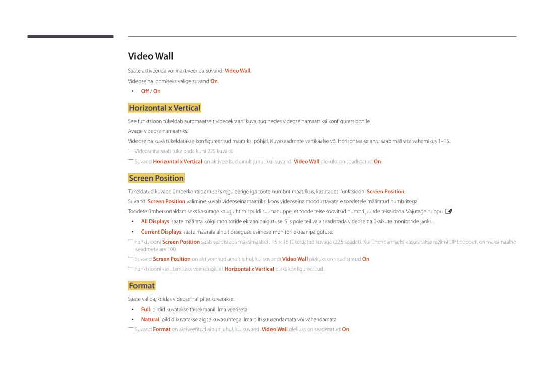 Samsung LH55UEDPLGC/EN, LH46UEDPLGC/EN manual Video Wall, Horizontal x Vertical, Screen Position, Format, Off / On 