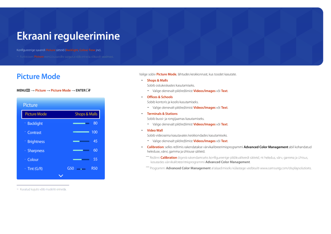 Samsung LH46UEDPLGC/EN, LH55UEDPLGC/EN manual Ekraani reguleerimine, MENUm → Picture → Picture Mode → Entere 