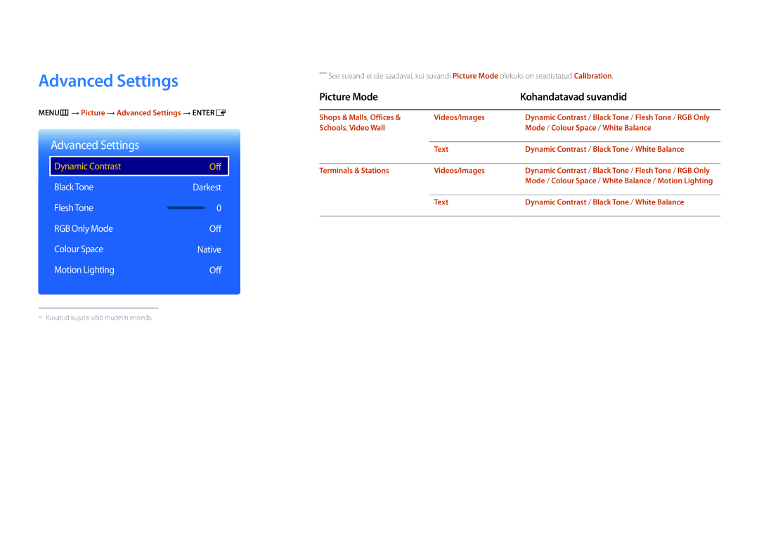 Samsung LH46UEDPLGC/EN, LH55UEDPLGC/EN manual MENUm → Picture → Advanced Settings → Entere 