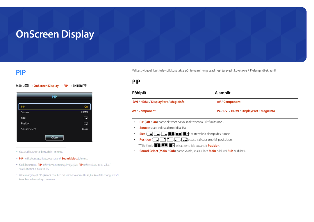 Samsung LH55UEDPLGC/EN, LH46UEDPLGC/EN manual Põhipilt Alampilt, MENUm → OnScreen Display → PIP → Entere, Size 