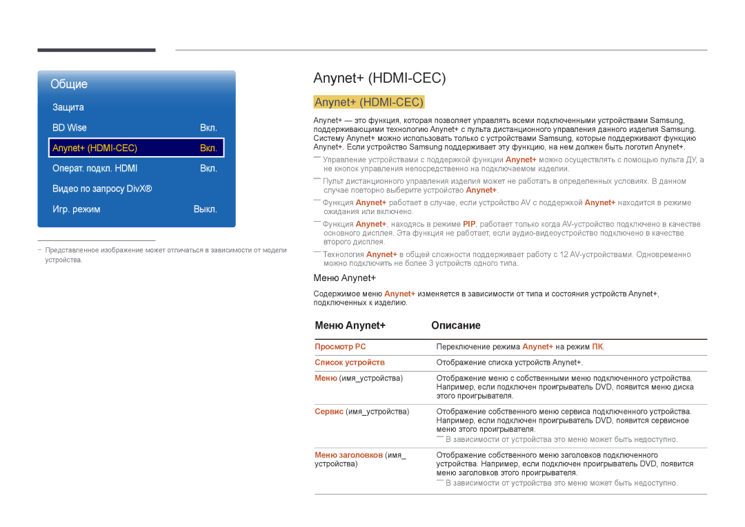 Samsung LH55UEDPLGC/EN, LH46UEDPLGC/EN manual Anynet+ HDMI-CEC, Меню Anynet+ Описание, Защита BD Wise Вкл 